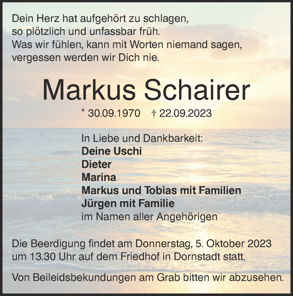  Traueranzeige für Markus Schairer vom 30.09.2023 aus SÜDWEST PRESSE Ausgabe Ulm/Neu-Ulm