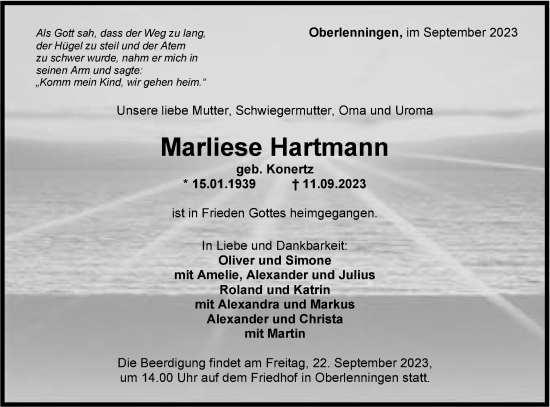 Traueranzeige von Marliese Hartmann von SÜDWEST PRESSE/SÜDWEST PRESSE