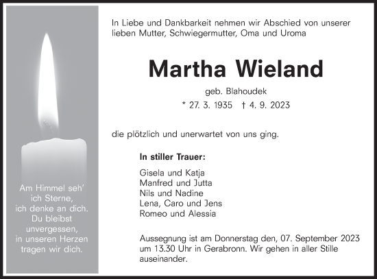 Traueranzeige von Martha Wieland von Hohenloher Tagblatt