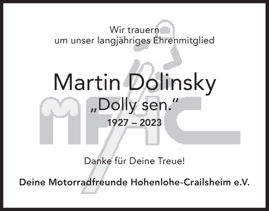 Traueranzeige von Martin Dolinsky von Hohenloher Tagblatt