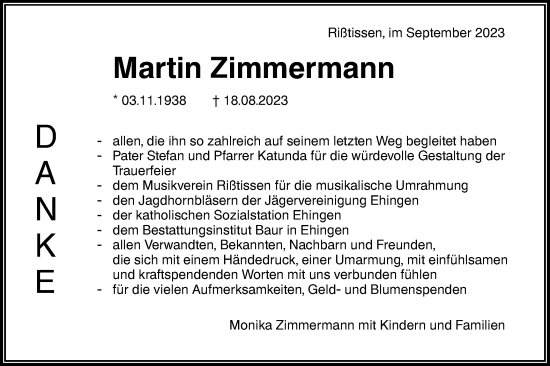 Traueranzeige von Martin Zimmermann von Ehinger Tagblatt