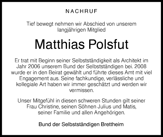 Traueranzeige von Matthias Polsfut von Hohenloher Tagblatt