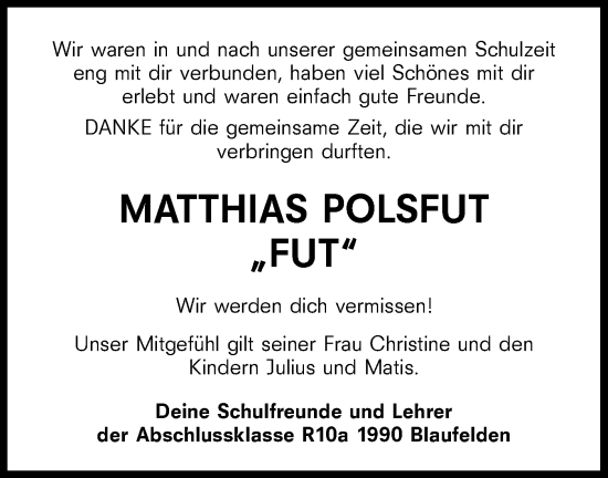 Traueranzeige von Matthias Polsfut von Hohenloher Tagblatt