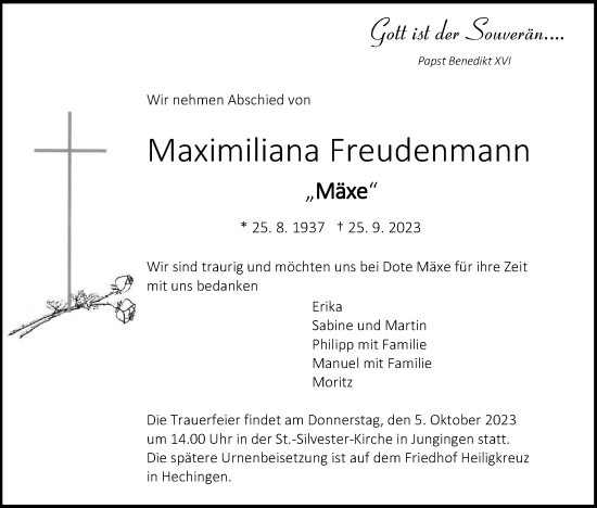 Traueranzeige von Maximiliana Freudenmann von Hohenzollerische Zeitung