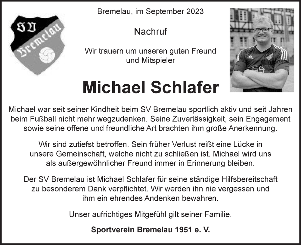  Traueranzeige für Michael Schlafer vom 23.09.2023 aus Alb-Bote