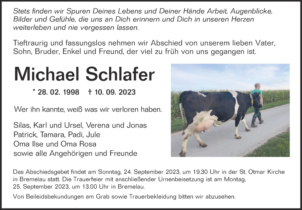  Traueranzeige für Michael Schlafer vom 23.09.2023 aus Alb-Bote/Metzinger-Uracher Volksblatt