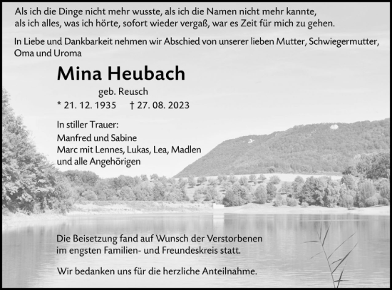 Traueranzeige von Mina Heubach von Alb-Bote/Metzinger-Uracher Volksblatt