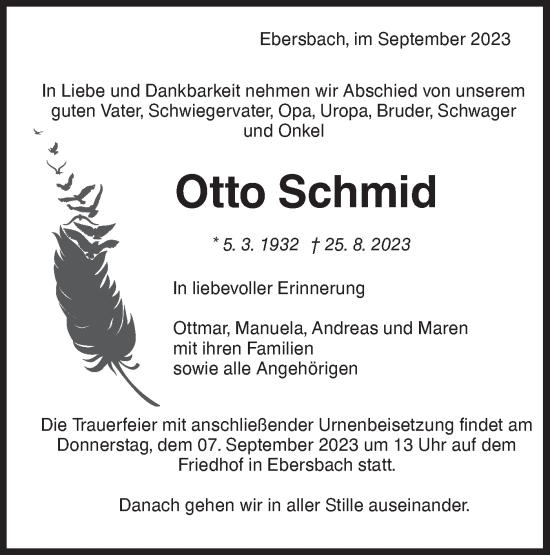 Traueranzeige von Otto Schmid von NWZ Neue Württembergische Zeitung