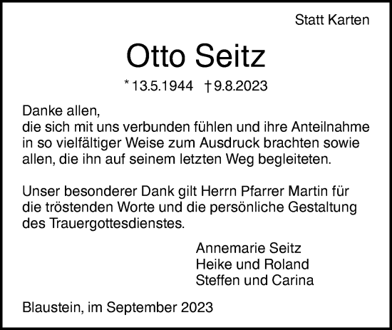 Traueranzeige von Otto Seitz von SÜDWEST PRESSE Ausgabe Ulm/Neu-Ulm