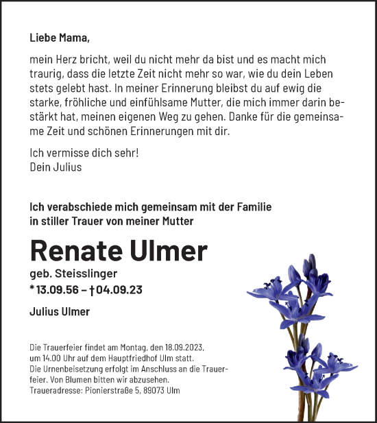 Traueranzeige von Renate Ulmer von SÜDWEST PRESSE Ausgabe Ulm/Neu-Ulm