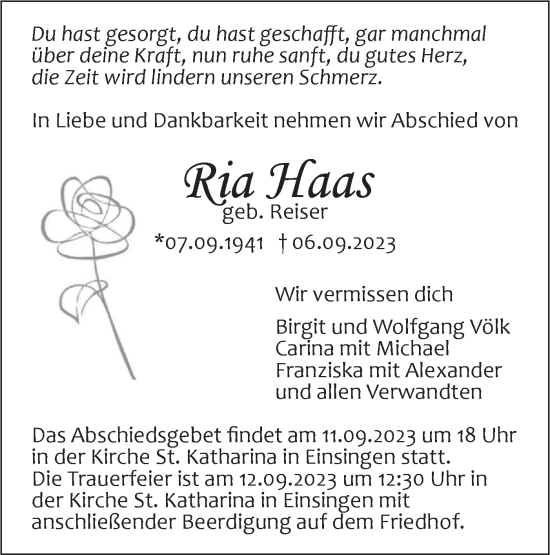 Traueranzeige von Ria Haas von SÜDWEST PRESSE Ausgabe Ulm/Neu-Ulm