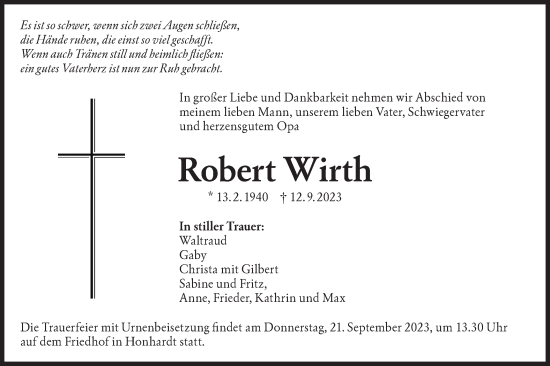 Traueranzeige von Robert Wirth von Hohenloher Tagblatt