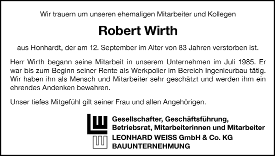 Traueranzeige von Robert Wirth von Hohenloher Tagblatt