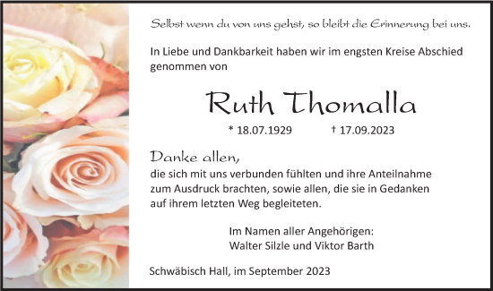 Traueranzeige von Ruth Thomalla von Haller Tagblatt