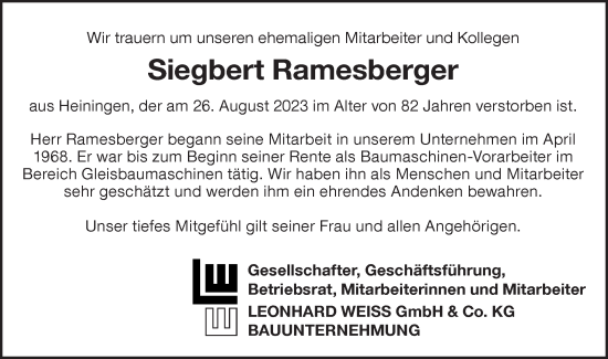 Traueranzeige von Siegbert Ramesberger von NWZ Neue Württembergische Zeitung