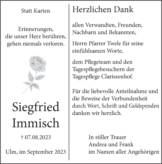 Traueranzeige von Siegfried Immisch von SÜDWEST PRESSE Ausgabe Ulm/Neu-Ulm