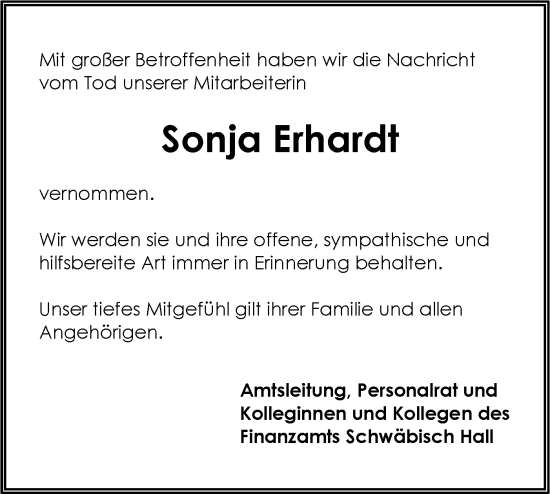 Traueranzeige von Sonja Erhardt von Hohenloher Tagblatt