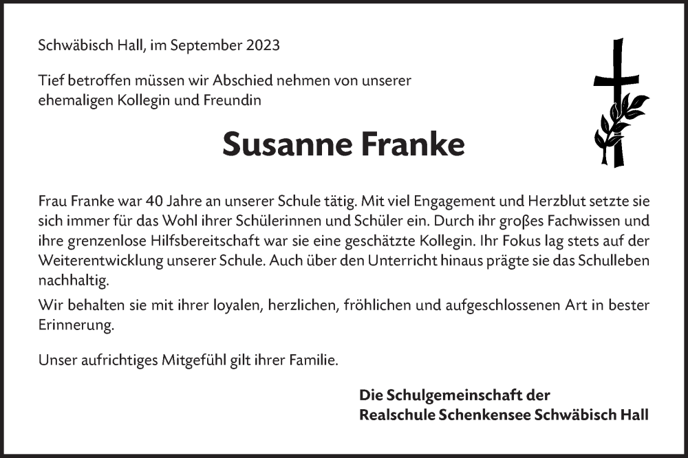  Traueranzeige für Susanne Franke vom 07.09.2023 aus Haller Tagblatt