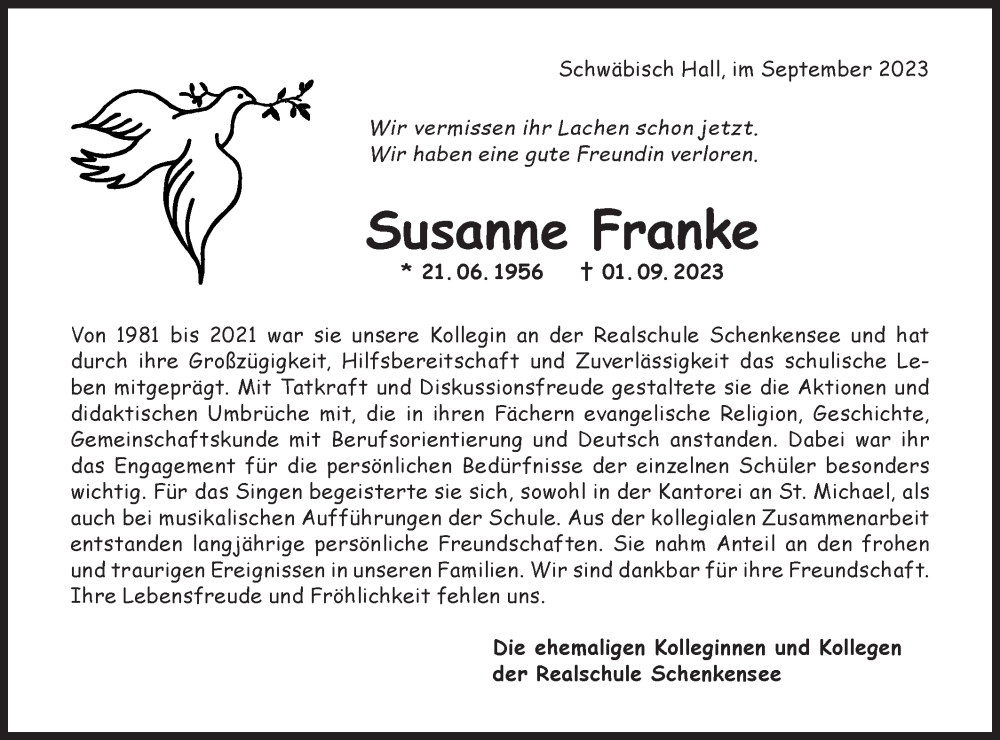  Traueranzeige für Susanne Franke vom 07.09.2023 aus Haller Tagblatt