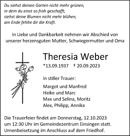 Traueranzeige von Theresia Weber von SÜDWEST PRESSE Ausgabe Ulm/Neu-Ulm