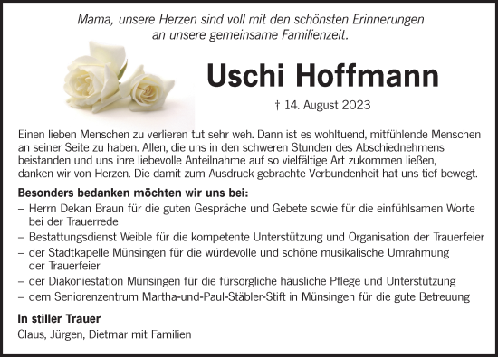 Traueranzeige von Uschi Hoffmann von Alb-Bote/Metzinger-Uracher Volksblatt