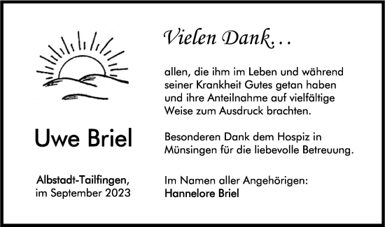 Traueranzeige von Uwe Briel von Hohenzollerische Zeitung