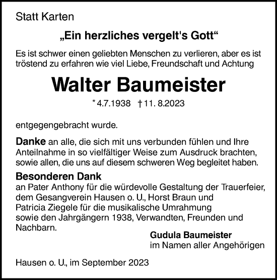 Traueranzeige von Walter Baumeister von Ehinger Tagblatt