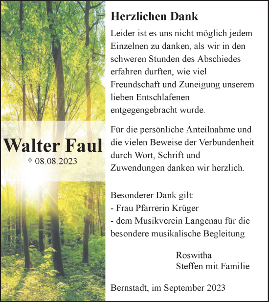 Traueranzeige von Walter Faul von SÜDWEST PRESSE Ausgabe Ulm/Neu-Ulm