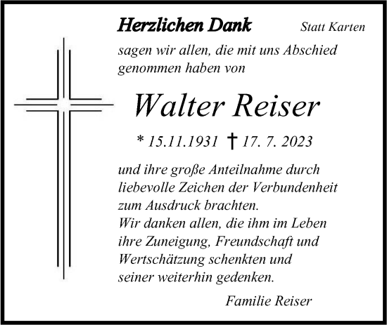 Traueranzeige von Walter Reiser von Haller Tagblatt