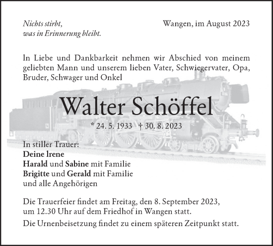 Traueranzeige von Walter Schöffel von NWZ Neue Württembergische Zeitung