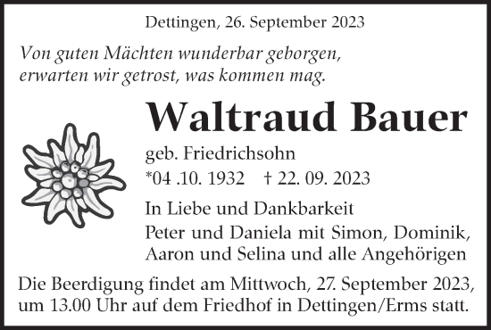 Traueranzeige von Waltraud Bauer von SÜDWEST PRESSE/SÜDWEST PRESSE