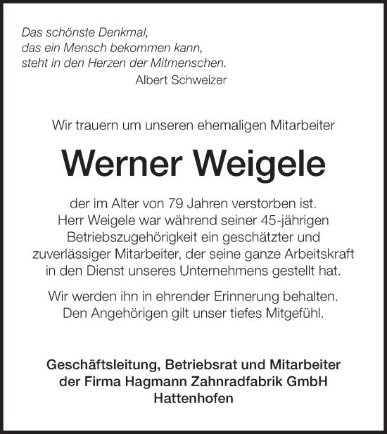 Traueranzeige von Werner Weigele von NWZ Neue Württembergische Zeitung