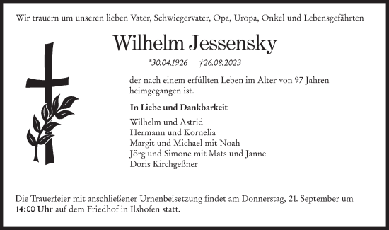 Traueranzeige von Wilhelm Jessensky von Haller Tagblatt