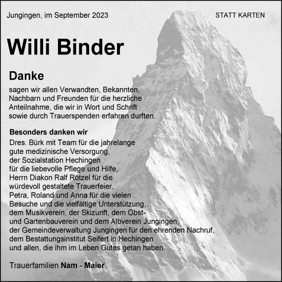 Traueranzeige von Willi Binder von Hohenzollerische Zeitung