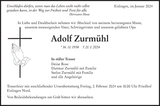 Traueranzeige von Adolf Zurmühl von NWZ Neue Württembergische Zeitung