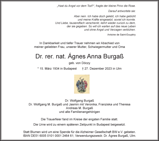 Traueranzeige von Agnes Anna Burgaß von SÜDWEST PRESSE Ausgabe Ulm/Neu-Ulm