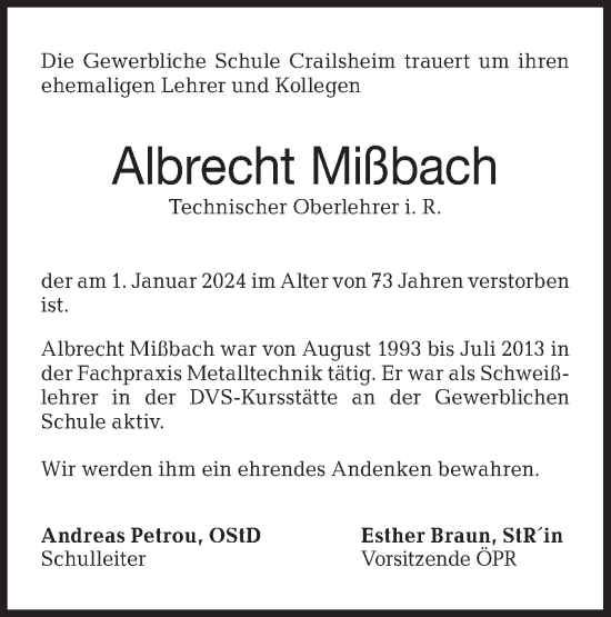 Traueranzeige von Albrecht Mißbach von Hohenloher Tagblatt