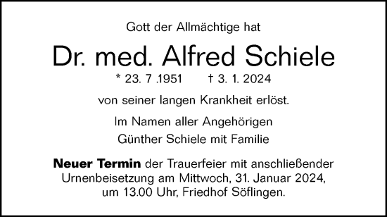 Traueranzeige von Alfred Schiele von SÜDWEST PRESSE Ausgabe Ulm/Neu-Ulm