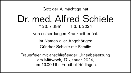 Traueranzeige von Alfred Schiele von SÜDWEST PRESSE Ausgabe Ulm/Neu-Ulm