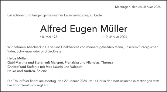 Traueranzeige von Alfred Eugen Müller von SÜDWEST PRESSE/SÜDWEST PRESSE