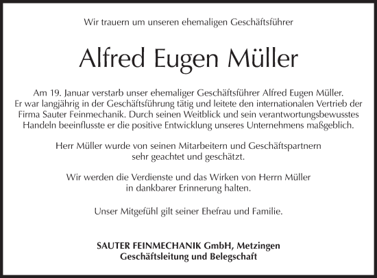 Traueranzeige von Alfred Eugen Müller von SÜDWEST PRESSE/SÜDWEST PRESSE