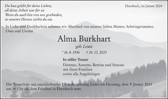 Traueranzeige von Alma Burkhart von NWZ Neue Württembergische Zeitung