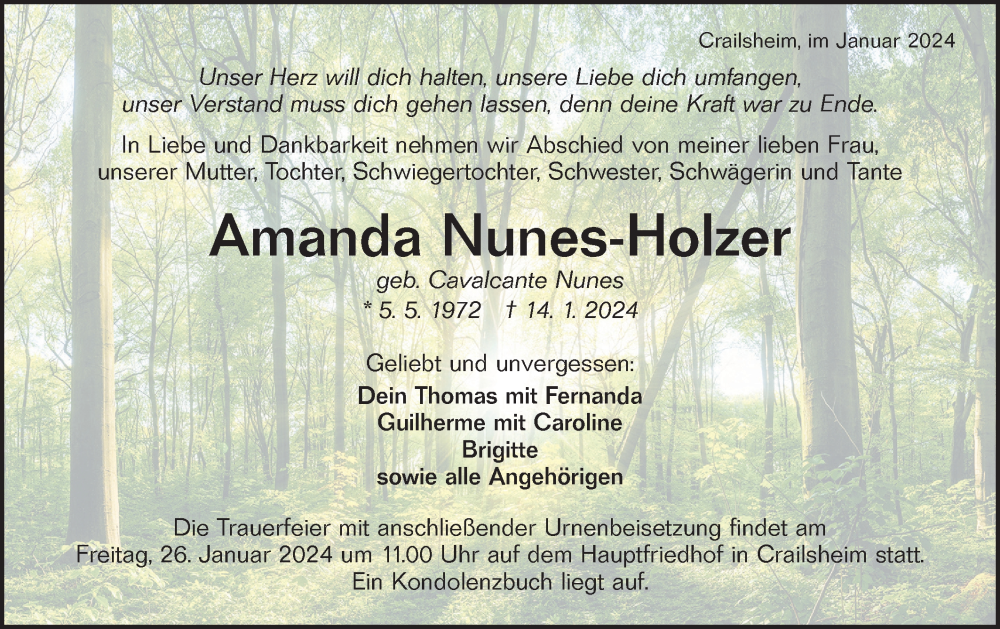  Traueranzeige für Amanda Nunes-Holzer vom 20.01.2024 aus Hohenloher Tagblatt