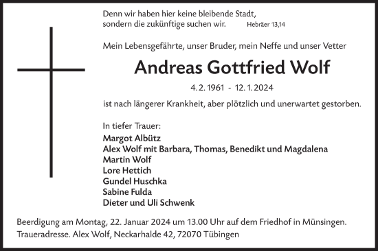 Traueranzeige von Andreas Gottfried Wolf von Alb-Bote/Metzinger-Uracher Volksblatt