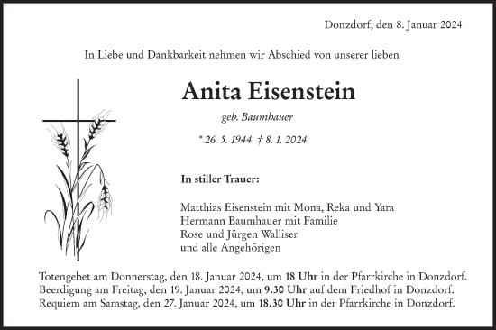 Traueranzeige von Anita Eisenstein von NWZ Neue Württembergische Zeitung