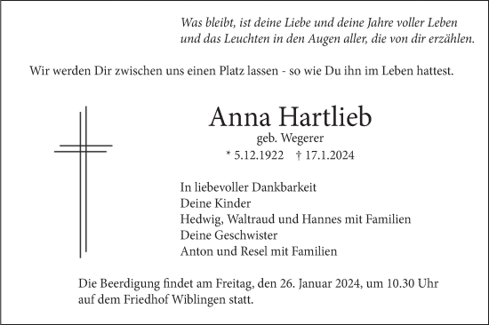 Traueranzeige von Anna Hartlieb von SÜDWEST PRESSE Ausgabe Ulm/Neu-Ulm