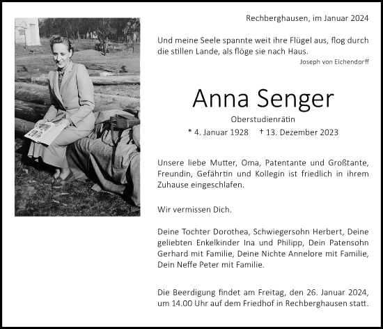 Traueranzeige von Anna Senger von NWZ Neue Württembergische Zeitung/Geislinger Zeitung