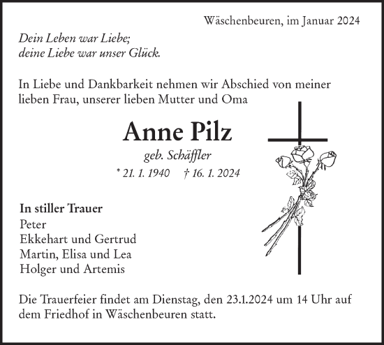 Traueranzeige von Anne Pilz von NWZ Neue Württembergische Zeitung