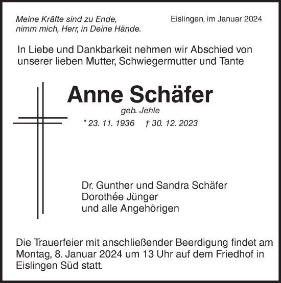 Traueranzeige von Anne Schäfer von NWZ Neue Württembergische Zeitung