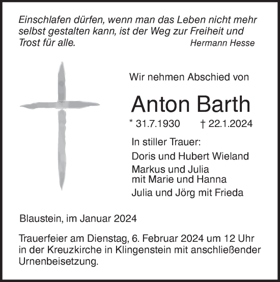 Traueranzeige von Anton Barth von SÜDWEST PRESSE Ausgabe Ulm/Neu-Ulm